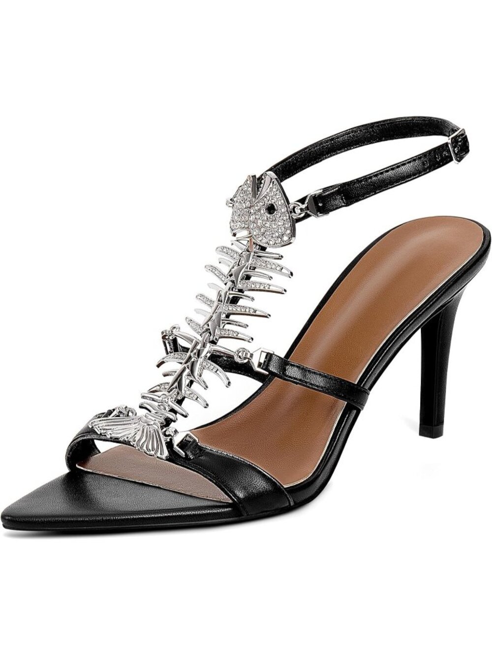 Women's Black Faux Leather Fishbone Rhinestone Pointed Open Toe Sexy Dress Heels